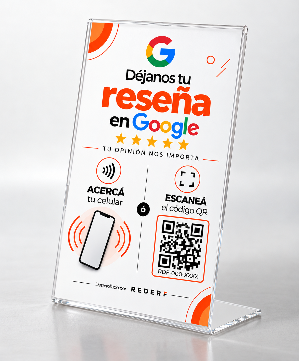 Cartel acrílico REDERF de 10 × 15 cm, variante Google, con QR ficticio y serial genérico