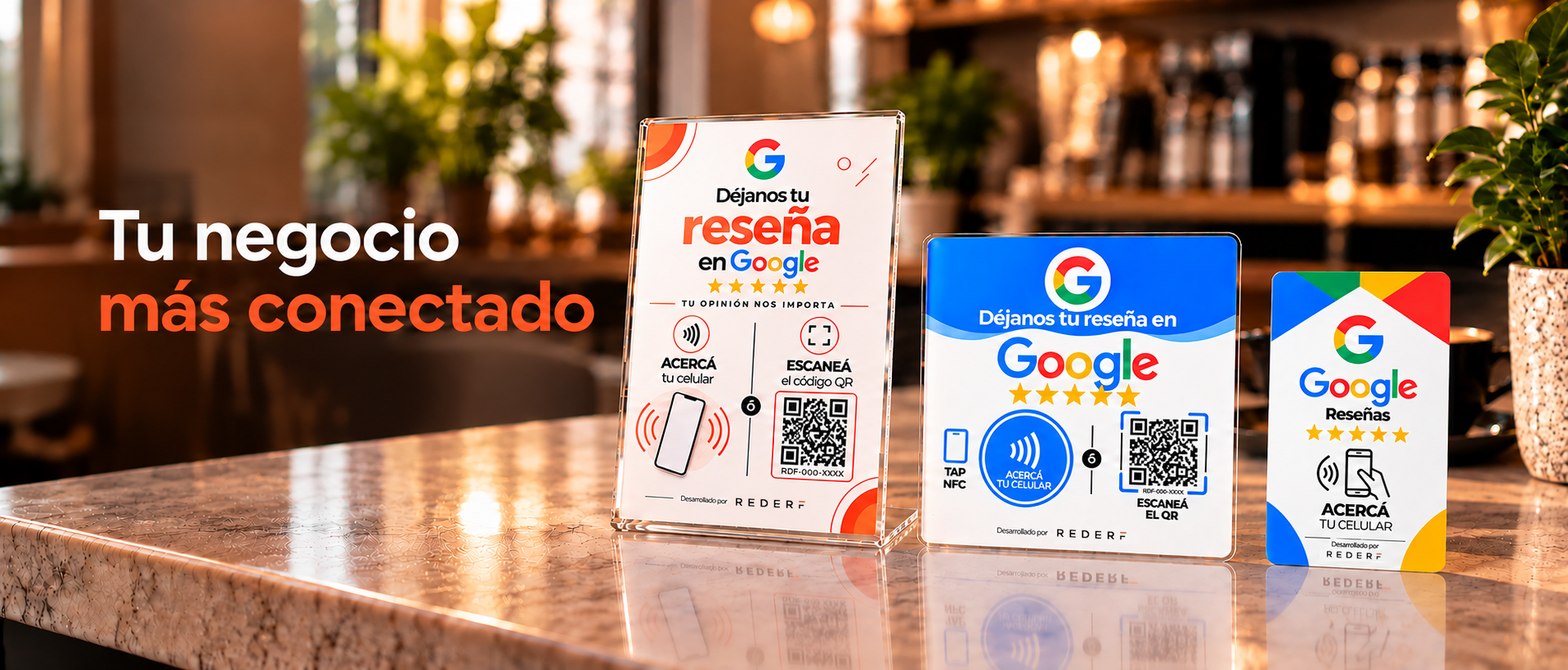 REDERF: Tu negocio más conectado. Exhibidores QR y NFC en un café moderno.