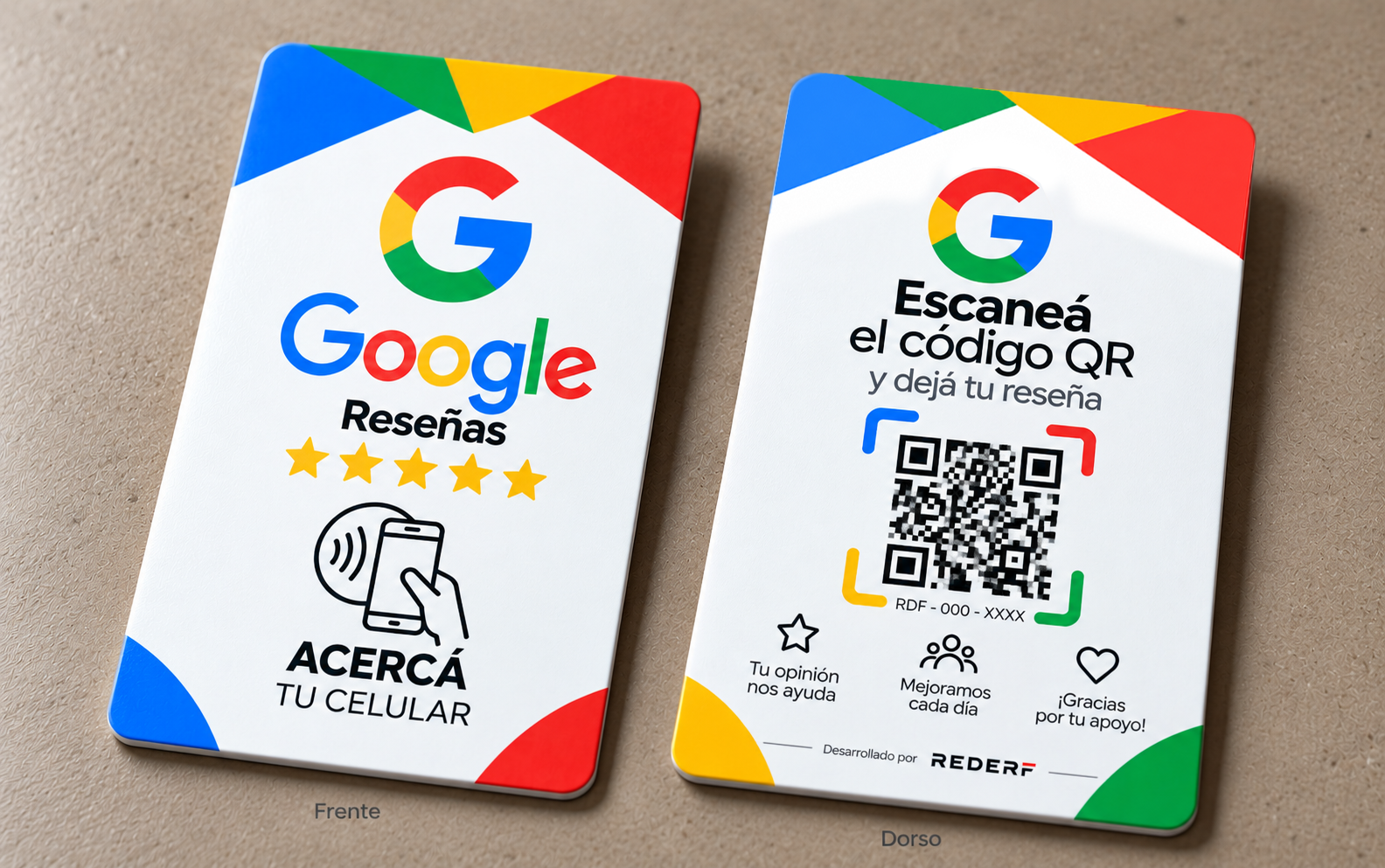 Tarjetas REDERF PVC NFC, variante Google Reseñas, frente y dorso